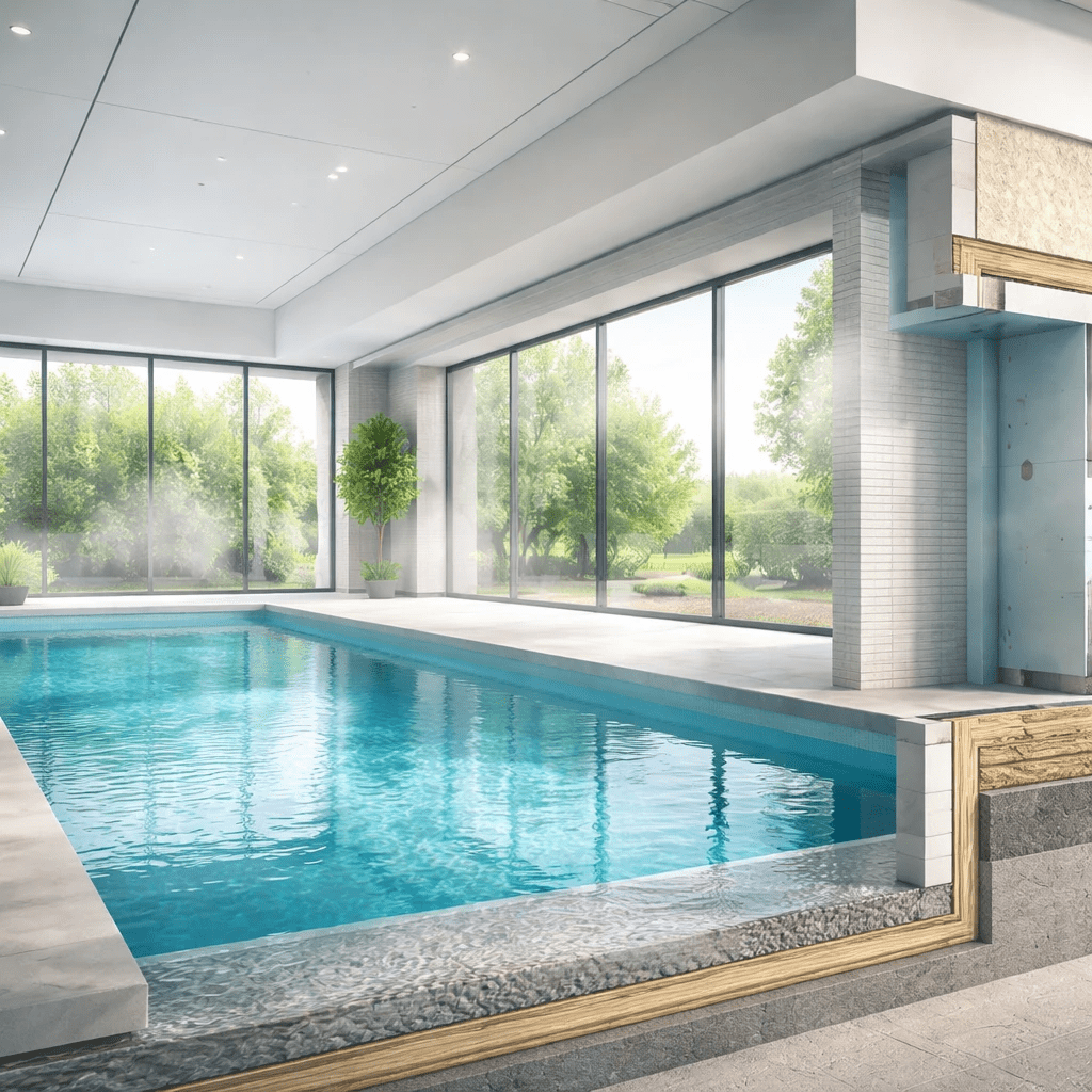 استخر سرپوشیده مسکونی واقعی با سیستم کنترل رطوبت و طراحی استاندارد
