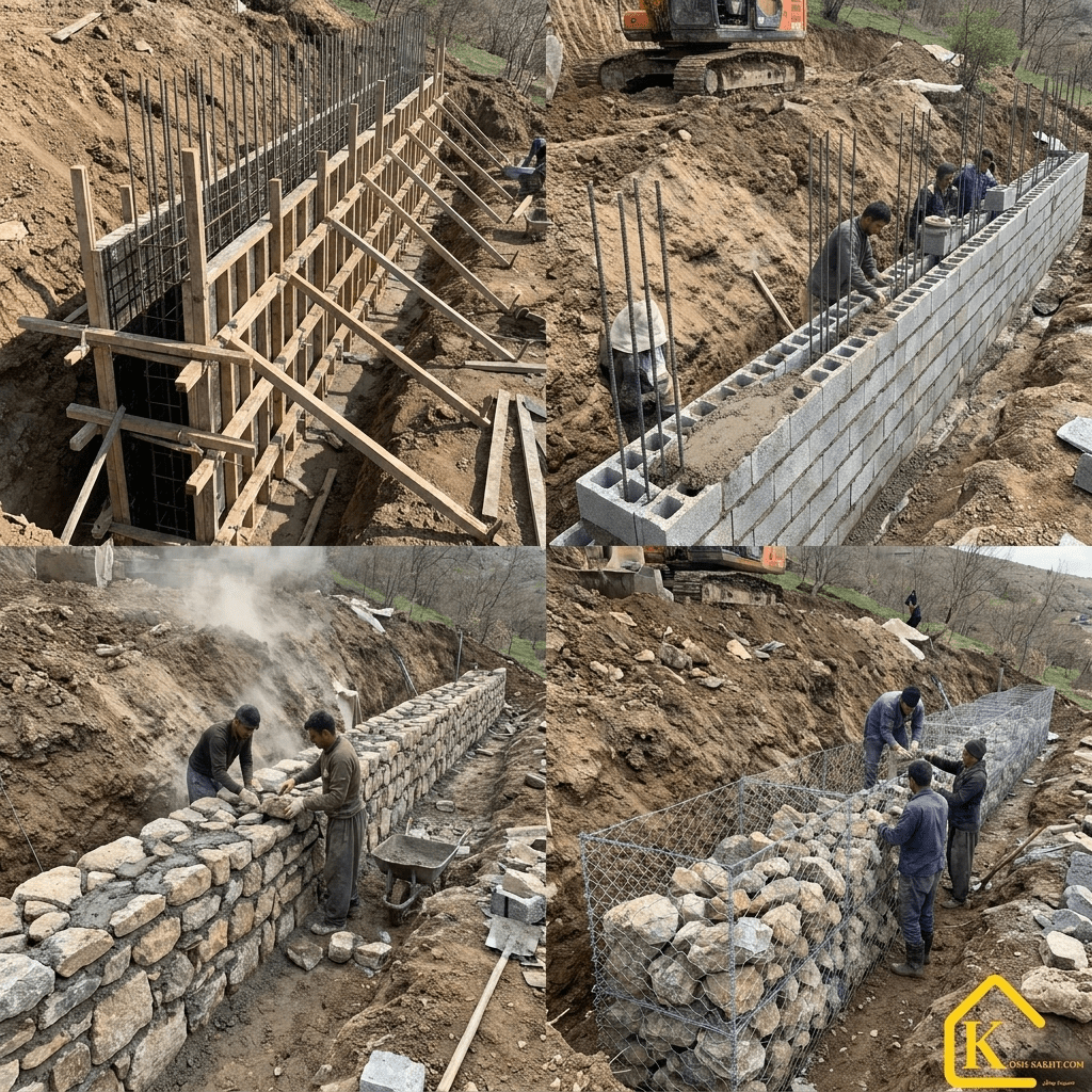 اجرای دیوار حائل بلوکی سنگی گابیون بتنی