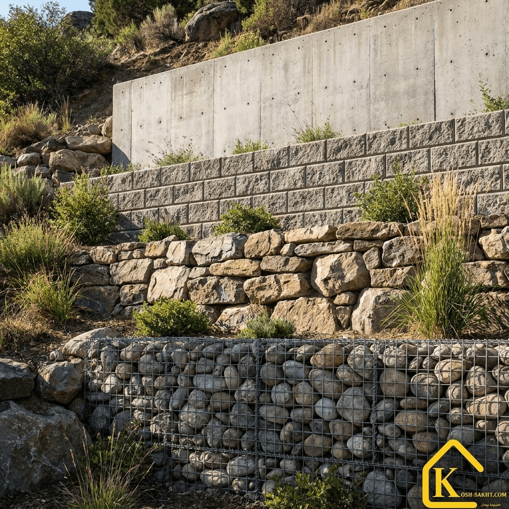 دیوار حائل بتنی، بلوکی، سنگی، گابیونی